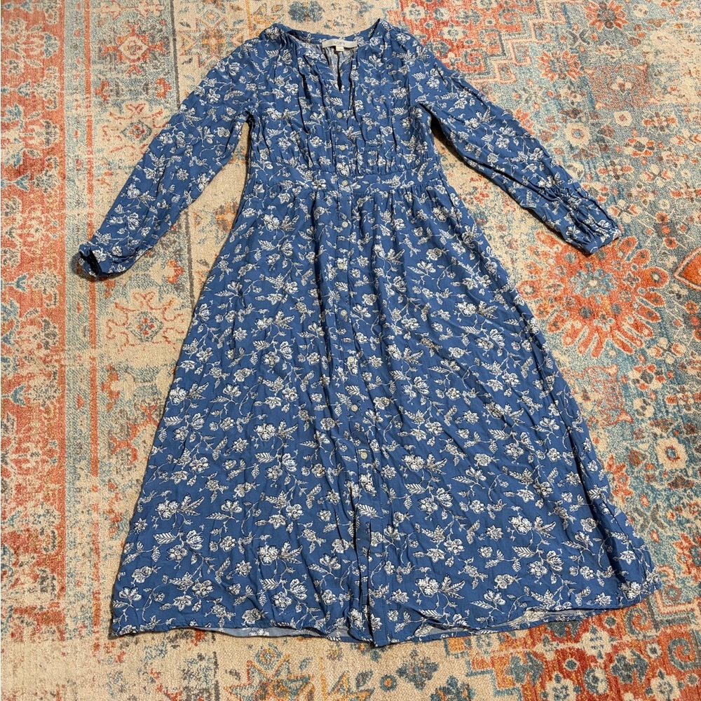 Loft floral midi button-down blue and white long-sleeve dress